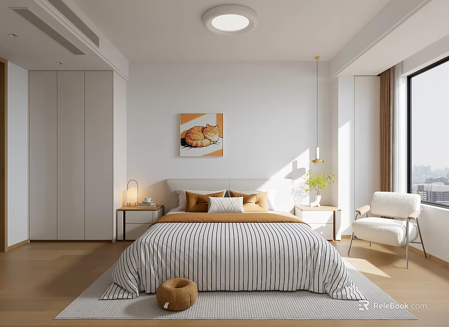 Modern Bedroom Interior With Striped Bedding Pillows Wall Art And Accent Chair 3d model 
