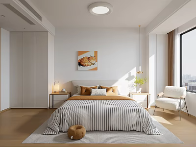 Modern Bedroom Interior With Striped Bedding Pillows Wall Art And Accent Chair 3d model