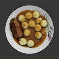 Roasted Pork Roll With Potato Dumplings In Red Sauce On White Plate With Purple Pattern