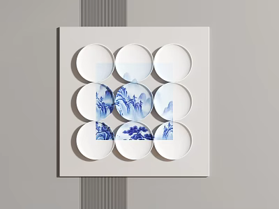 Chinese Style Wall Decor With Nine Circular Blue And White Plates 3d model