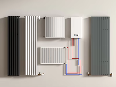 Modern Radiators with Different Designs in Black White Grey Colors Including Control Unit and Pipes 3d model