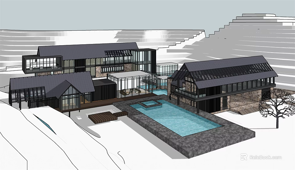 Modern Boutique Guesthouse Architecture With Swimming Pool Glass Walls And Terrace Design 3d model 