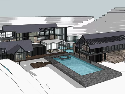 Modern Boutique Guesthouse Architecture With Swimming Pool Glass Walls And Terrace Design 3d model