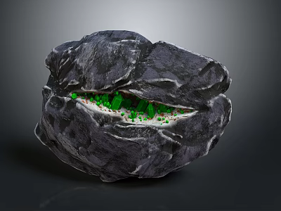 Split Black Rock Interior View With Green Crystals Inside Natural Formation 3d model