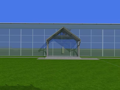 Industrial Factory Building With Large Glass Walls Front Entrance Green Lawn And Blue Sky Background 3d model