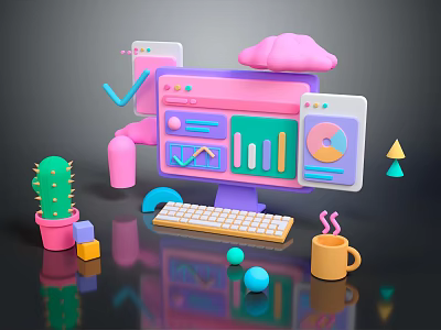 Modern Computer Workspace Setup With Colorful Monitor Data Charts Keyboard Cactus Coffee Cup Geometric Cloud 3d model