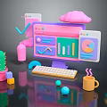 Modern Computer Workspace Setup With Colorful Monitor Data Charts Keyboard Cactus Coffee Cup Geometric Cloud