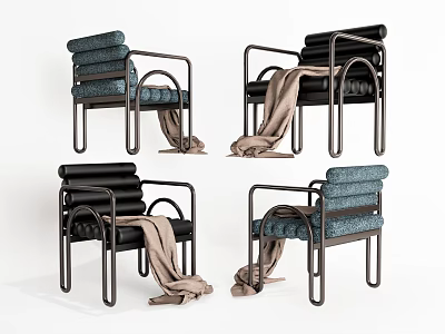 Modern Black and Blue Accent Chairs with Metal Frame Curved Armrests Striped Cushions and Blanket 3d model