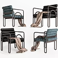 Modern Black and Blue Accent Chairs with Metal Frame Curved Armrests Striped Cushions and Blanket