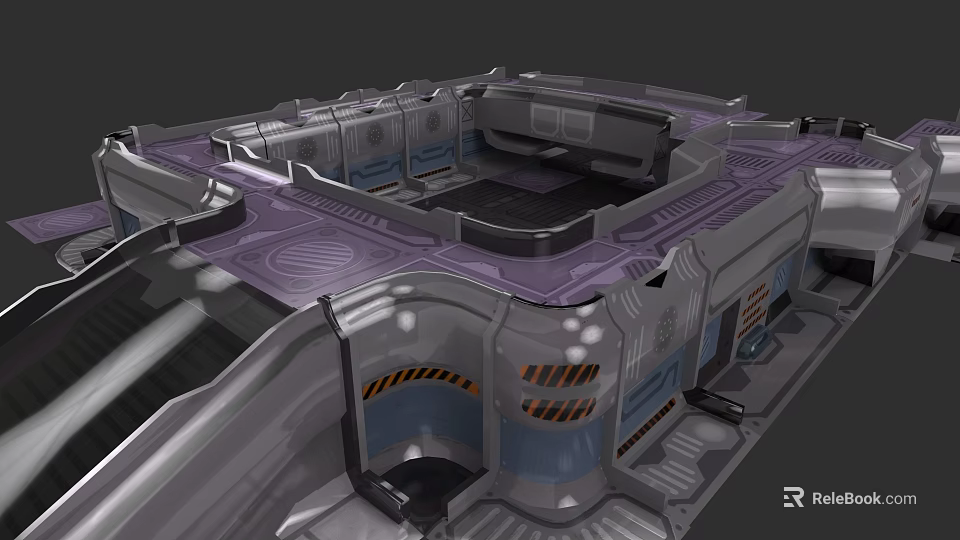 3D Rendered Sci Fi Room Interior With Metallic Structures And Purple Gray Design 3d model 
