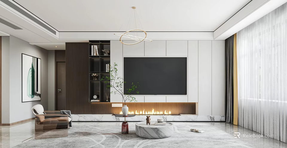 Modern Open Living and Dining Room with TV Wall Fireplace Marble Coffee Table Pendant Light 3d model 