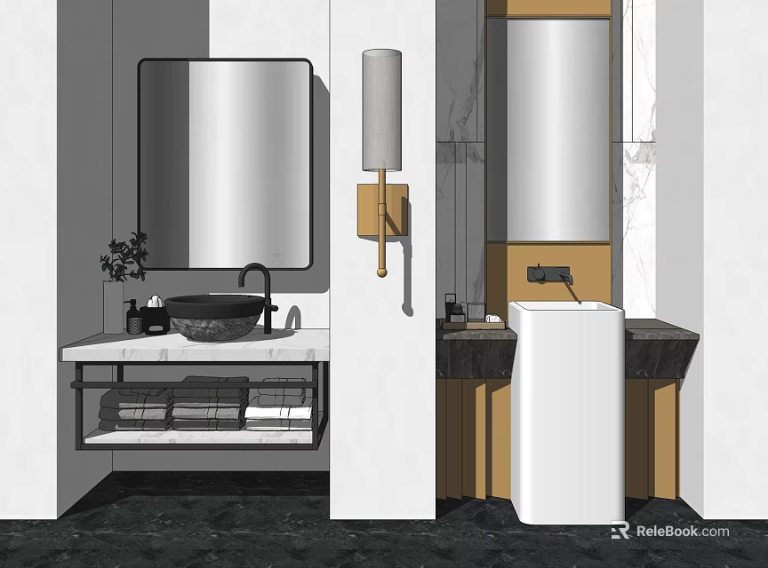 Modern Bathroom Vanity Design With Marble Countertop Mirror Wall Lamp And Storage Cabinet 3d model 