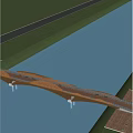 Modern Curved Bridge Over Scenic River With Green Trees Grass And Water Reflection