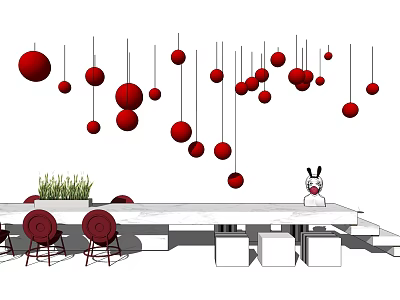 Modern Dining Table Set With Hanging Red Pendant Lights And Green Plants On Table 3d model
