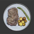 Juicy Grilled Steak with Golden Roasted Potatoes and Fresh Asparagus on Blue Plate