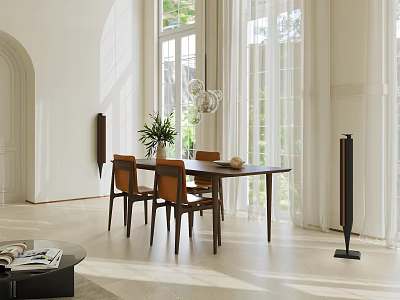 Modern Restaurant Interior Featuring Dining Table Chairs Plants Pendant Light And Natural Light 3d model