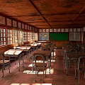 Vintage Wooden Classroom Interior With Desks Chairs Windows Green Blackboard And Map
