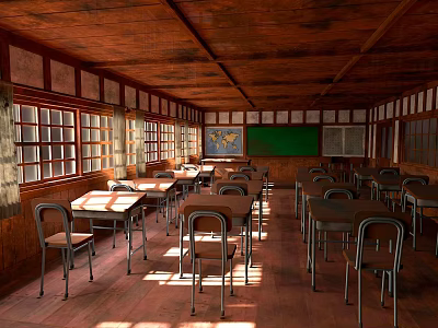 Vintage Wooden Classroom Interior With Desks Chairs Windows Green Blackboard And Map 3d model