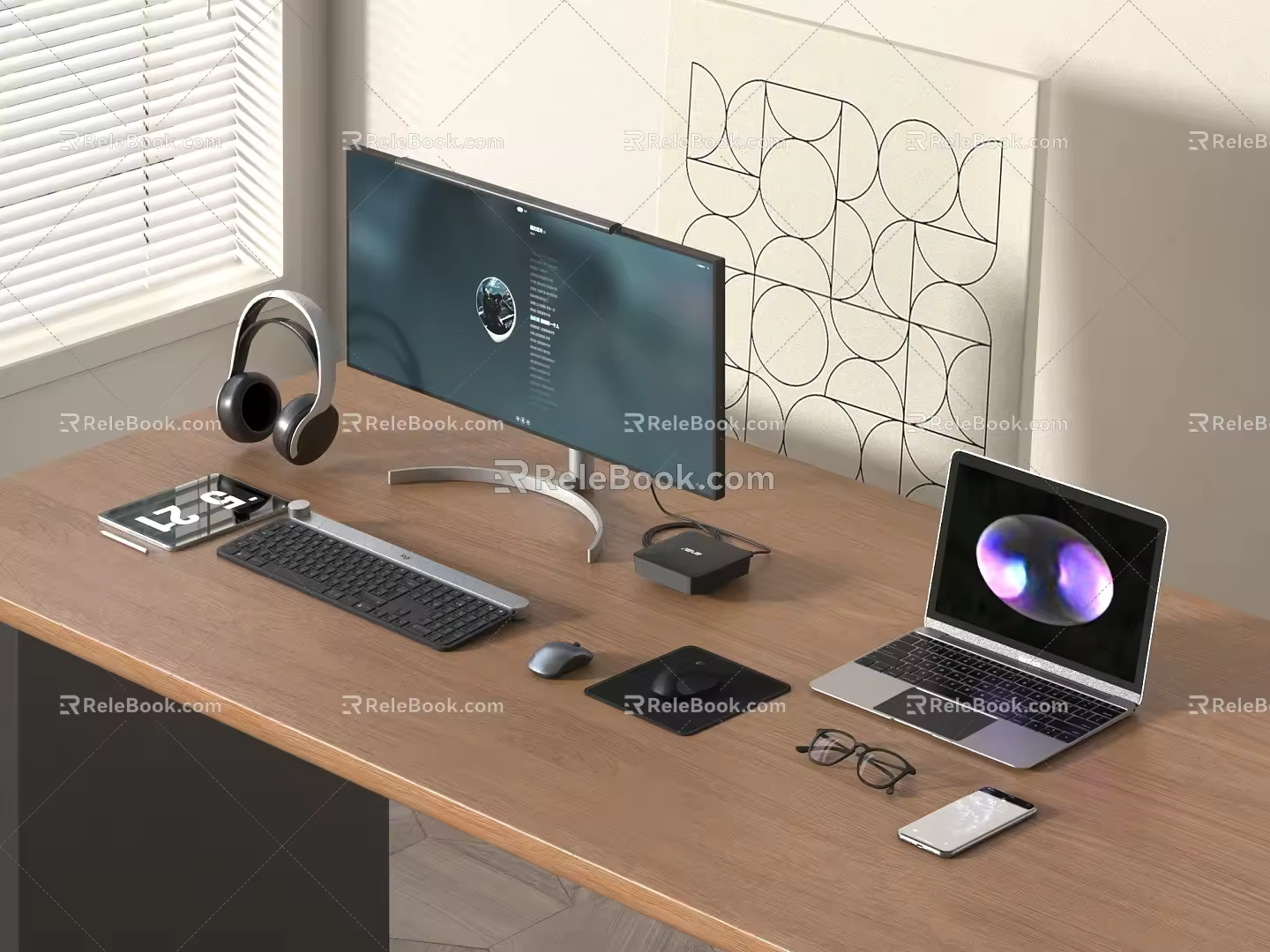 Computer Desktop Computer Audio Headset Mobile Phone Keyboard 3d model