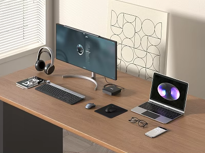 Modern Computer Setup With Monitor Laptop And Accessories On Wooden Desk 3d model