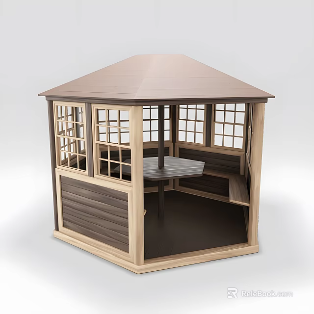 Octagonal Wooden Garden Pavilion With Brown Roof Lattice Windows And Table Bench Seating 3d model 