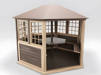 Octagonal Wooden Garden Pavilion With Brown Roof Lattice Windows And Table Bench Seating 3d model
