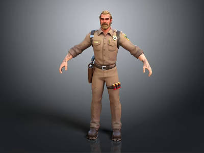 3D Police Officer Character Model In Brown Uniform With Badge Holster And Outstretched Arms 3d model