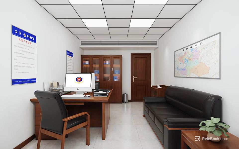 Modern Office Interior With Wooden Desk Computer Black Sofa And Wall Map 3d model