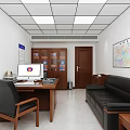 Modern Office Interior With Wooden Desk Computer Black Sofa And Wall Map 3d model
