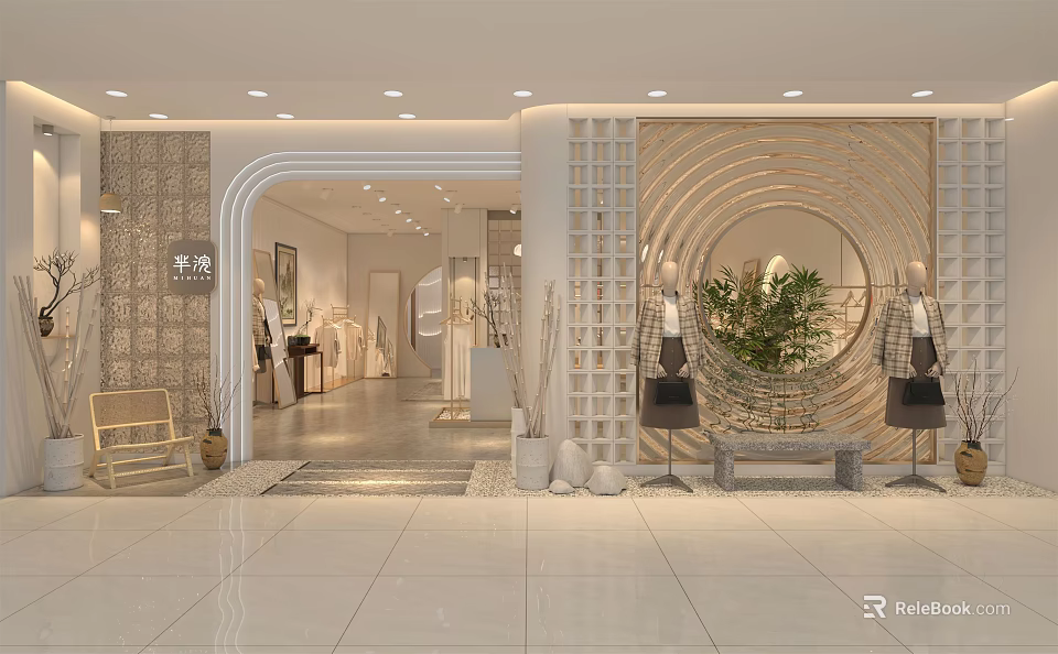 Elegant Modern Clothing Store Interior Featuring Fashion Apparel Display And Decorative Plants 3d model 