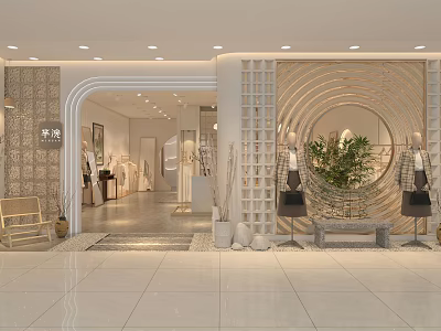 Elegant Modern Clothing Store Interior Featuring Fashion Apparel Display And Decorative Plants 3d model