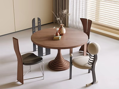 Round Wooden Dining Table with Spiral Base and Unique Backrest Chairs in Natural Light Room 3d model
