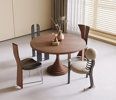 Round Wooden Dining Table with Spiral Base and Unique Backrest Chairs in Natural Light Room 3d model