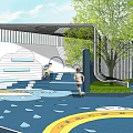 Colorful Children's Playground Design With Clouds Rainbow Trees And Blue Ground
