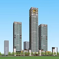 Modern Tall Office Buildings With Glass Curtain Walls And Surrounding Greenery