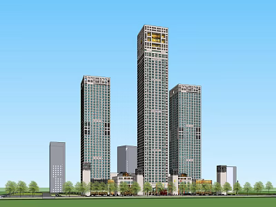 Modern Tall Office Buildings With Glass Curtain Walls And Surrounding Greenery 3d model