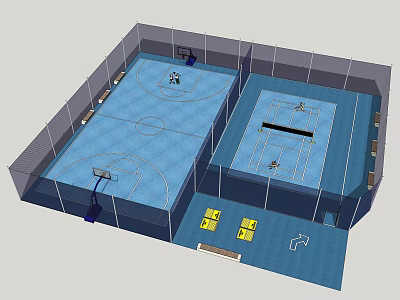Indoor Sports Facility With Two Basketball Courts Blue Flooring And Enclosed Netting 3d model