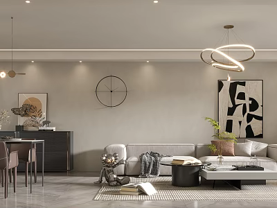 Modern Living and Dining Room Interior With Sofa Coffee Table Plants Chandelier Paintings And Clock 3d model