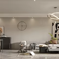 Modern Living and Dining Room Interior With Sofa Coffee Table Plants Chandelier Paintings And Clock