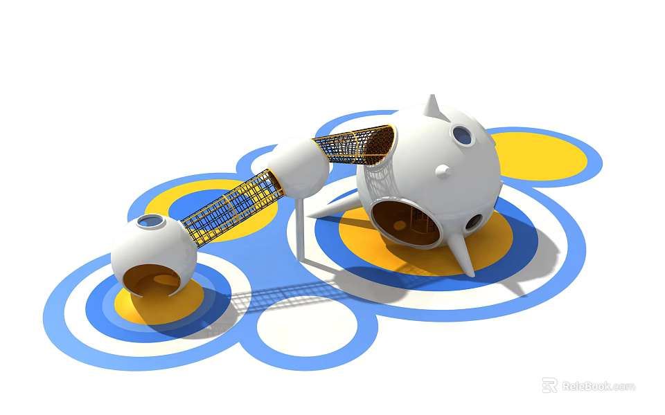 Playground Equipment With White Spherical Structures Blue Yellow Circular Ground And Connecting Net 3d model