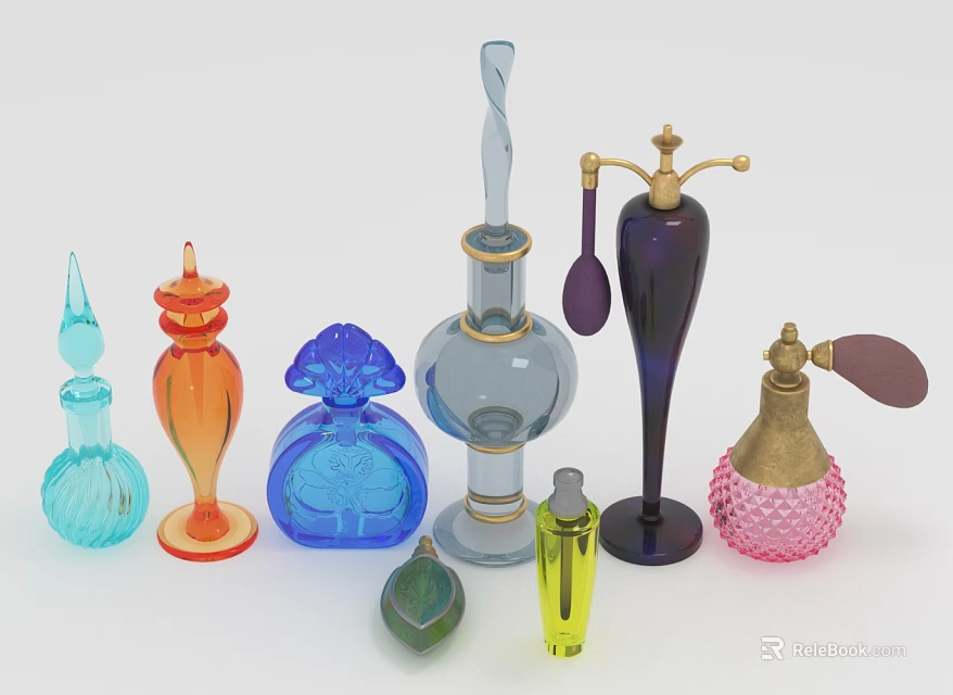 Vintage Colorful Glass Perfume Bottles Collection With Diverse Shapes And Intricate Details 3d model 