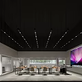 School Spacious Classroom Interior Featuring Long Tables Chairs Large Screen Pendant Lights And Natural Light