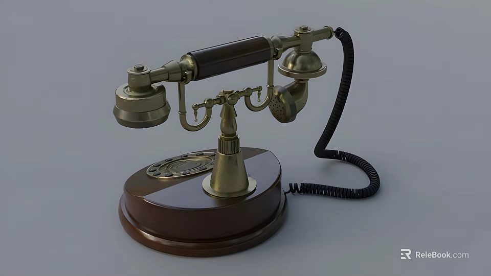 Vintage Telephone With Brass Handset Wooden Base And Rotary Dial Design 3d model 