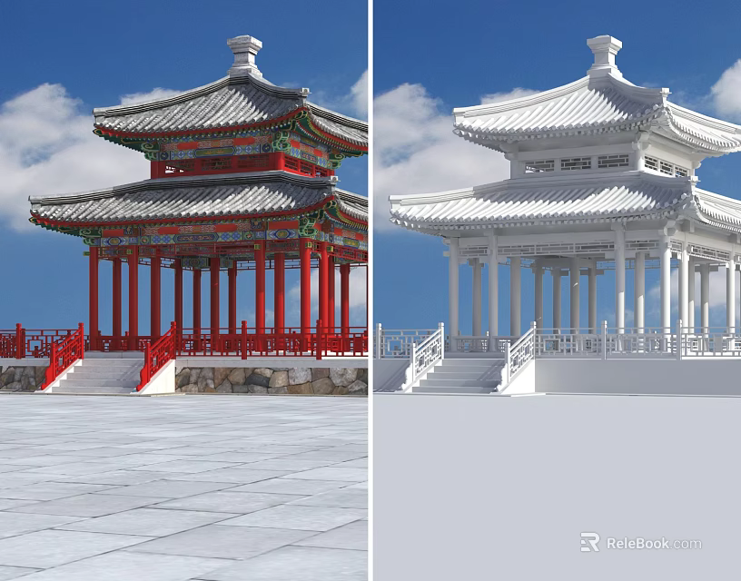 Traditional Chinese Pavilions With Red White Columns Ornate Roof And Stone Ground 3d model 