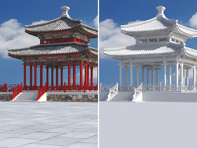 Traditional Chinese Pavilions With Red White Columns Ornate Roof And Stone Ground 3d model