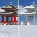 Traditional Chinese Pavilions With Red White Columns Ornate Roof And Stone Ground
