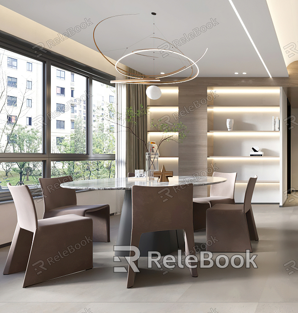 Modern Restaurant Round Dining Table Wine Cabinet Chandelier Storage Cabinet Ornaments Decorations model