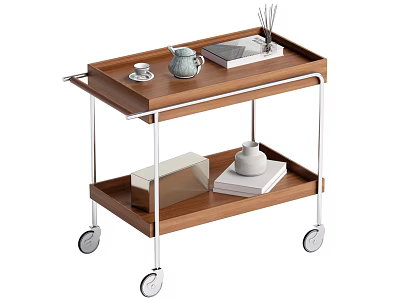 Serving Cart with Wooden Trays Metal Frame and Wheels Holding Teapot Teacup Aromatherapy Books 3d model