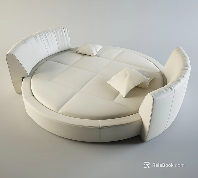 Modern White Round Bed With Upholstered Padded Design And Backrests And Pillows 3d model 