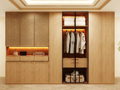 Modern Light Wood Wardrobe Featuring Lattice Doors Glass Sliding Doors Hanging Space and Top Lighting 3d model